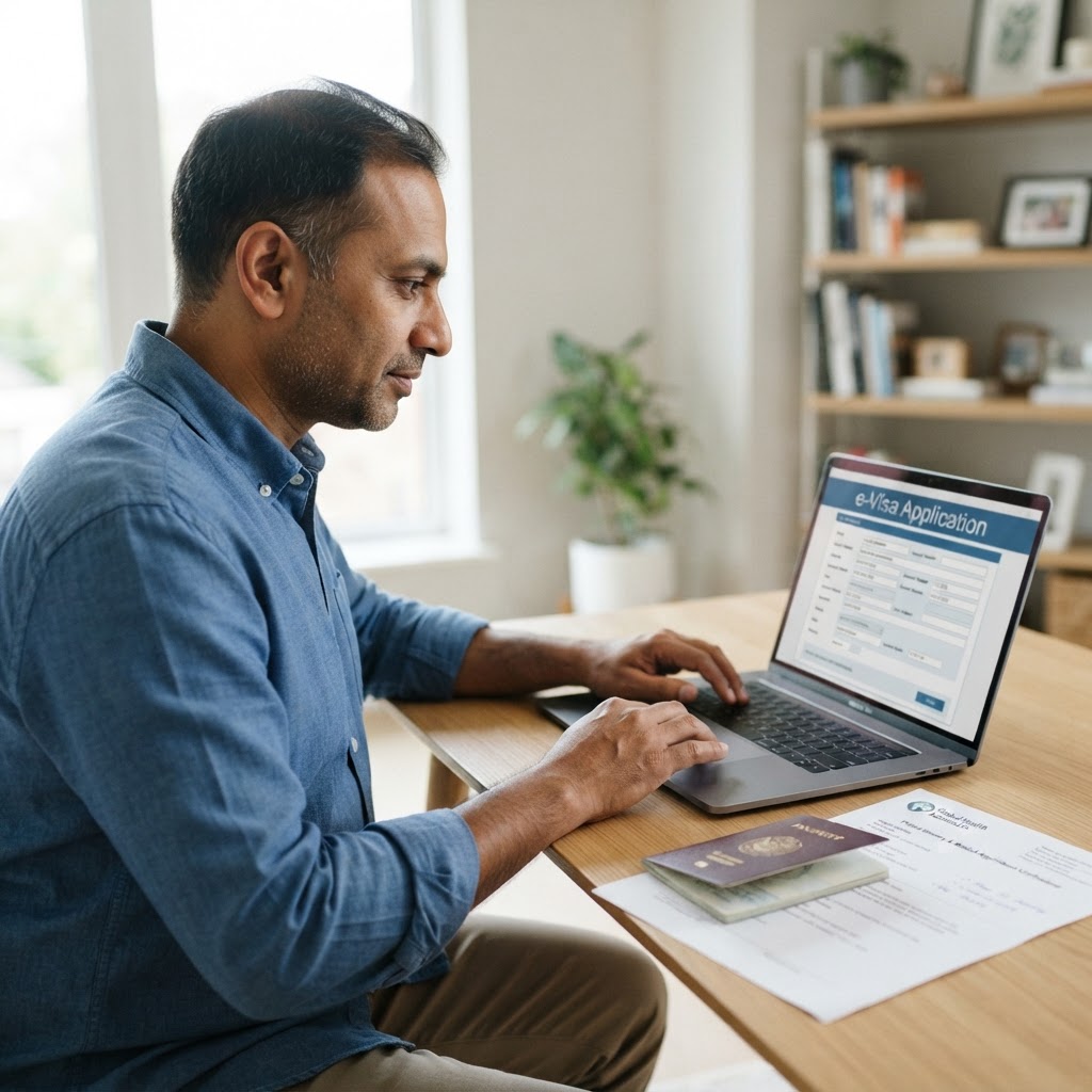 International patient preparing an India e-Medical Visa application with passport and hospital documents